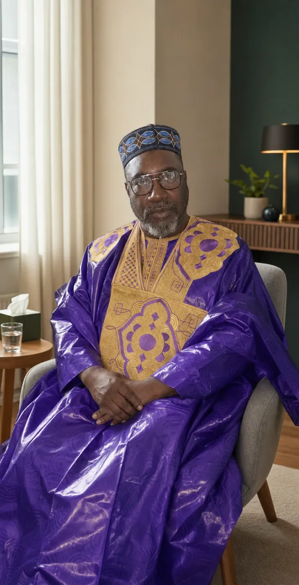 Hadj Fode assis, en tenue traditionnelle violette